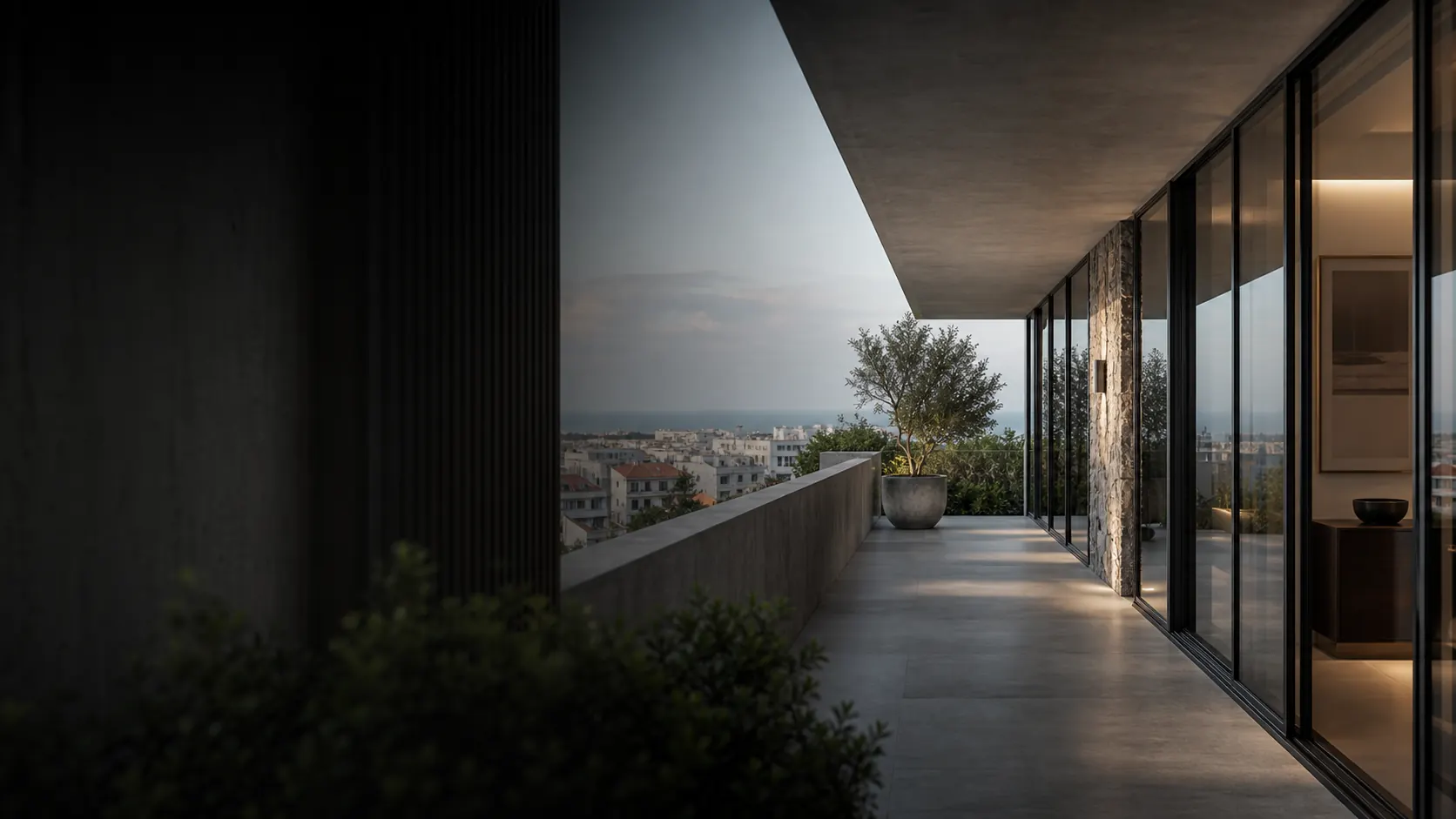 Terraço residencial contemporâneo com vista urbana