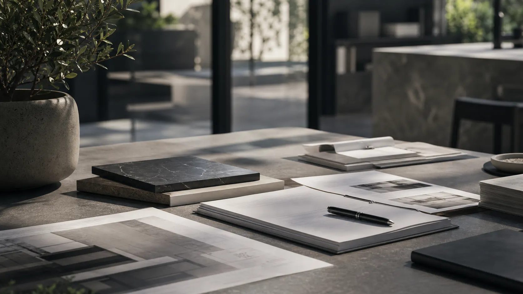 Documentos e materiais de arquitectura sobre mesa
